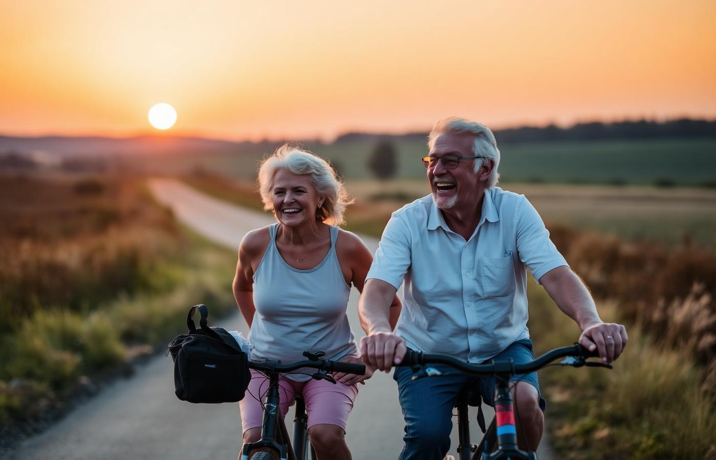 Para seniorów na wieczornej przejażdżce rowerowej